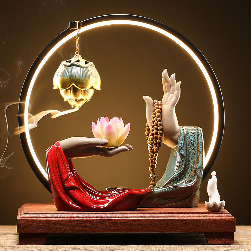 Buddha Hand And Lotus Backflow Incense Burner With LED Lucky Incense