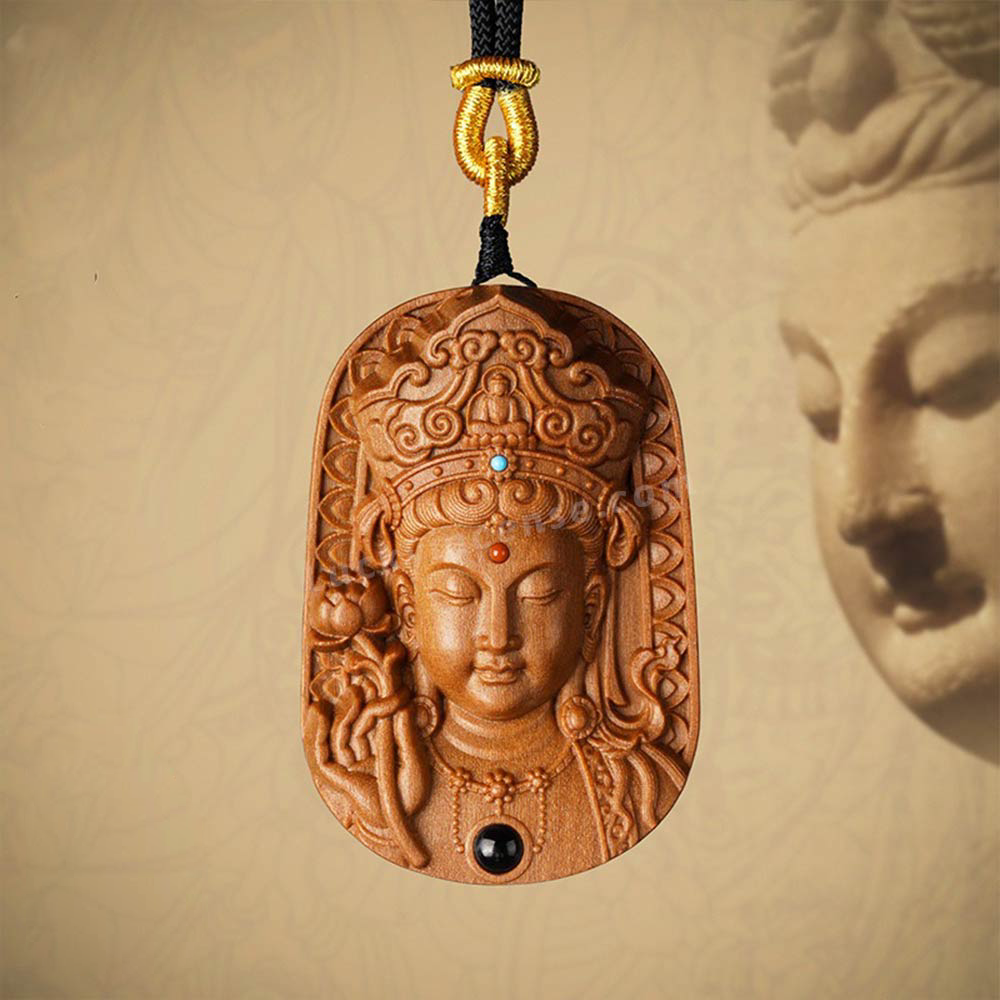 Sandalwood Buddhist Guanyin Holding Lotus Pendant