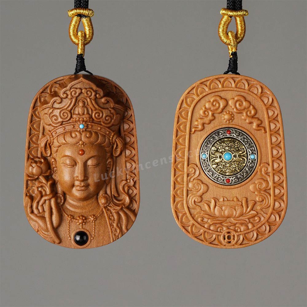 Sandalwood Buddhist Guanyin Holding Lotus Pendant