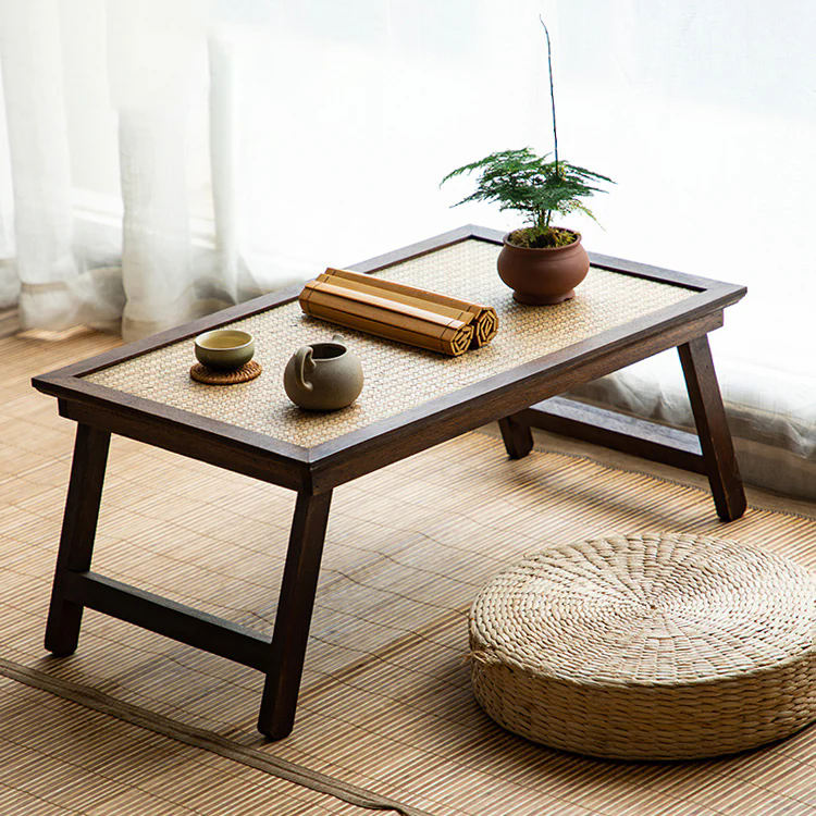 Peach Wood Rattan Meditation Table Set