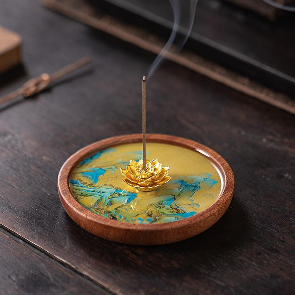 Alloy Golden Lotus Wooden Incense Holder With Mountain Art