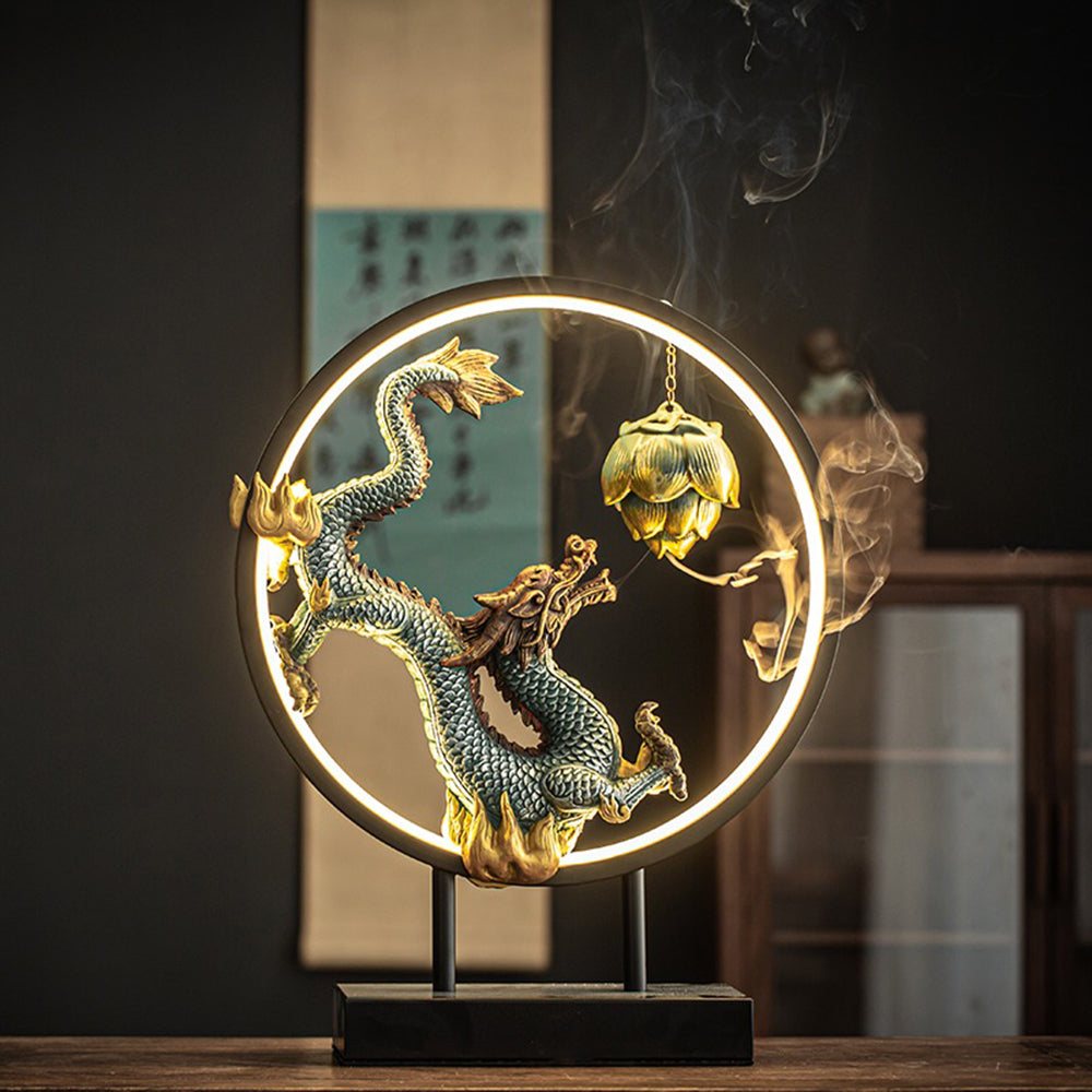 Illuminated Dragon With Lotus Incense Burner